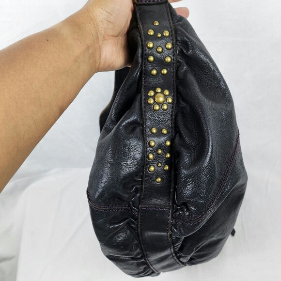 Lucky Brand Black Genuine Leather Retro Y2K Brass Studded Hobo Shoulder Bag - Picture 4 of 11